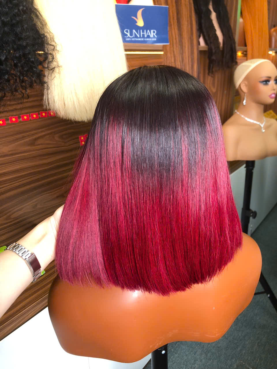 Ombre Burgundy Color Bob Wig – 100% Human Hair Wig from Vietnam | Sun Hair - Image 4